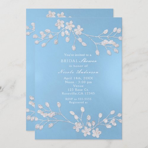 White Floral Branch Blue Bridal Shower Invitations