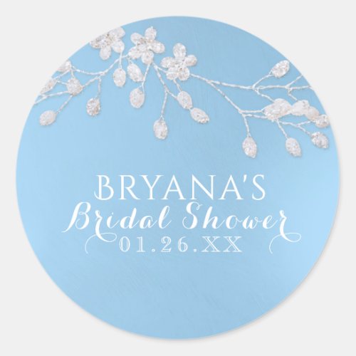 White Floral Branch Blue Bridal Shower Party Favor Classic Round Sticker