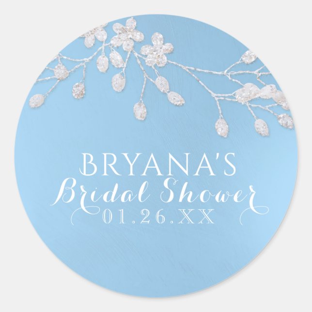 White Floral Branch Blue Bridal Shower Party Favor Classic Round Sticker (Front)