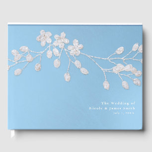White Floral Branch Winter Blue Elegant Wedding Guest Book