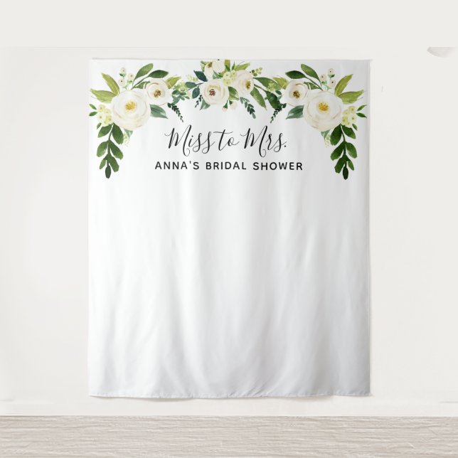 White Floral Bridal Shower Backdop Tapestry (Front)