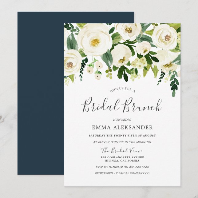 White Floral Bridal Shower Modern Brunch Invite (Front/Back)