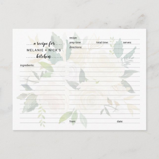 White Floral Bridal Shower recipe card (Front)