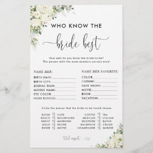 White Floral Bridal Shower Shoe Game Card