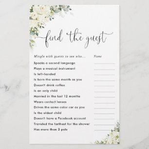 White Floral Bridal Shower Shoe Game Card