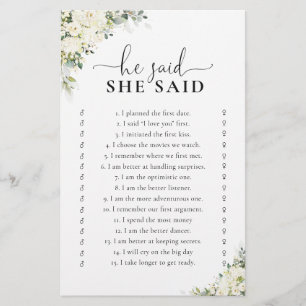 White Floral Bridal Shower Shoe Game Card