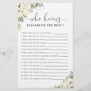 White Floral Bridal Shower Shoe Game Card