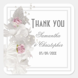White floral bridal wedding thank you square sticker