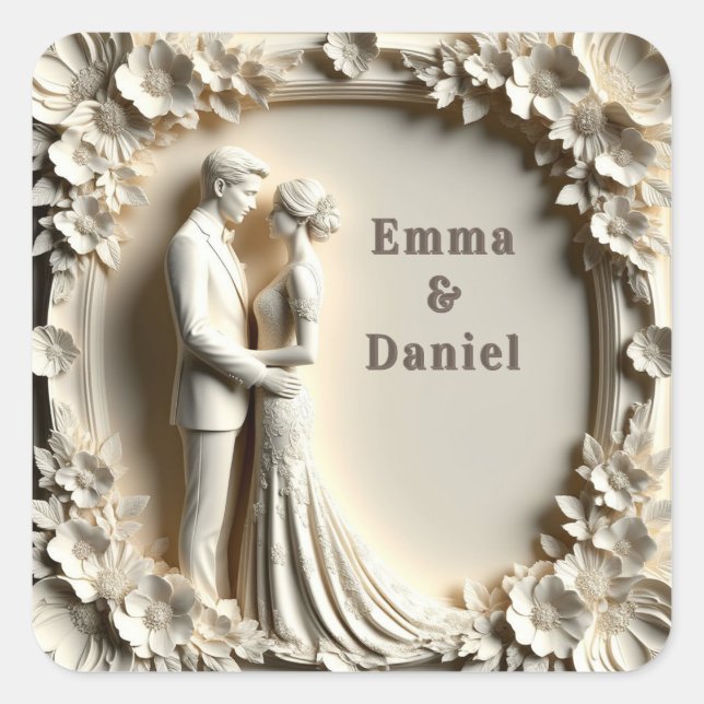 🤍 White Floral Bride And Groom Wedding Theme 🤍 Square Sticker (Front)