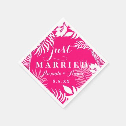 White Floral Bright Pink Name Wedding Just Married Napkins