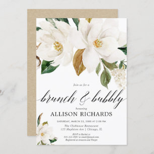 White floral brunch bubbly magnolia bridal shower invitation