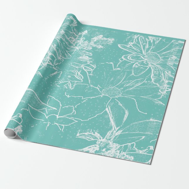 White Floral Bundle Transparent - Teal Wrapping Paper (Unrolled)
