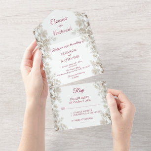 White Floral Burgundy Tri Fold Wedding Invitations