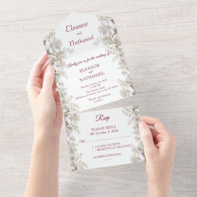 White Floral Burgundy Tri Fold Wedding Invitations (Tearaway)