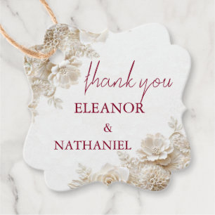 White Floral Burgundy Wedding Scalloped Favor Tags