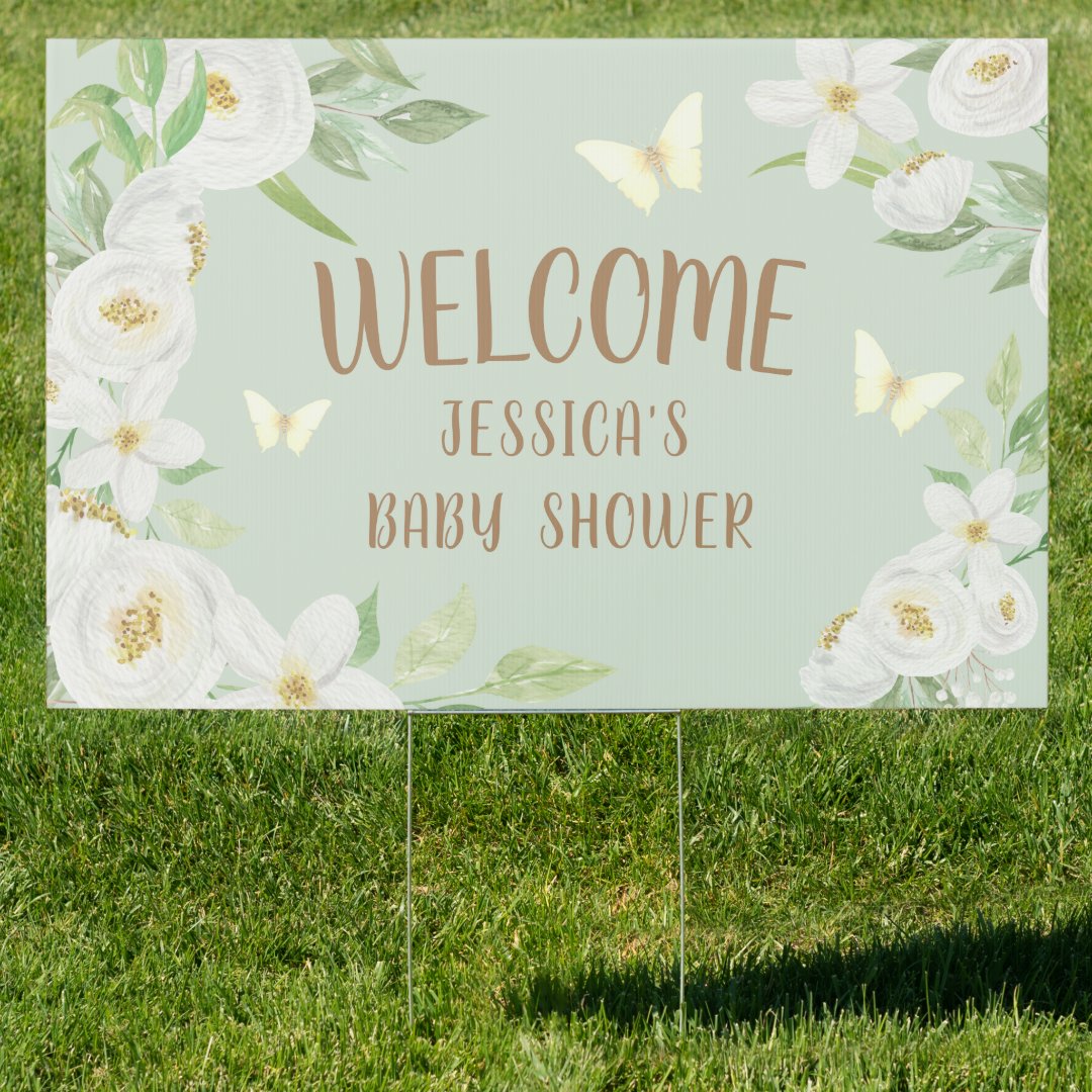 White Floral Butterflies Green Baby Shower Welcome Sign | Zazzle