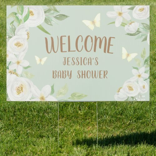 White Floral Butterflies Green Baby Shower Welcome Sign
