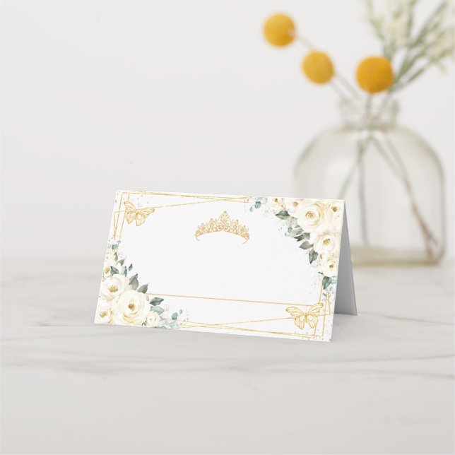 White Floral Butterflies Quinceañera 16th Birthday Place Card (Front)