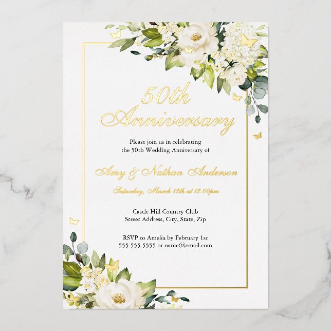 White Floral Butterfly 50th Wedding Anniversary  Foil Invitation (Front)
