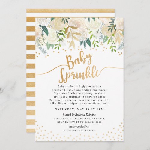 White Floral Calligraphy Baby Sprinkle Invitation