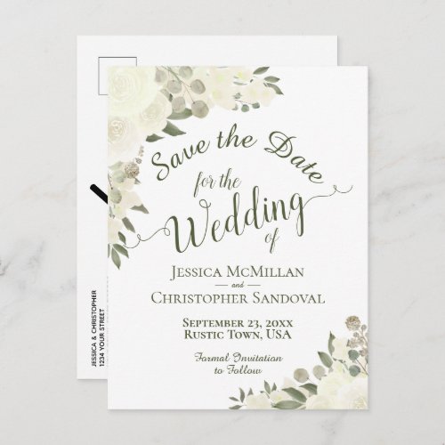 White Floral Calligraphy Wedding Save the Date Announcement Postcard