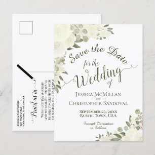 White Floral Calligraphy Wedding Save the Date Announcement Postcard