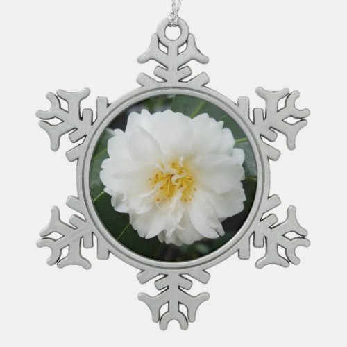 White Floral Camellia Snowflake Pewter Christmas Ornament