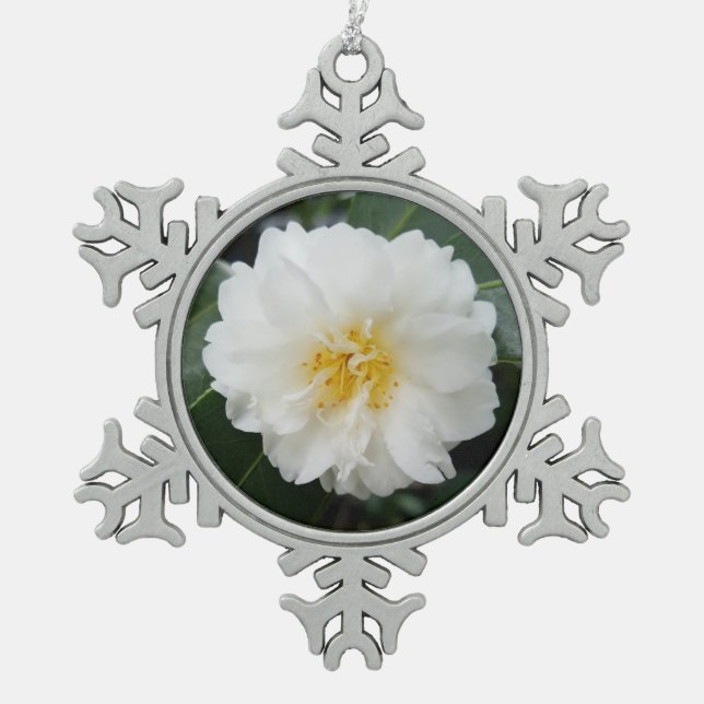 White Floral Camellia Snowflake Pewter Christmas Ornament (Front)