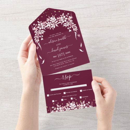 White floral cascading garland burgundy wedding all in one invitation