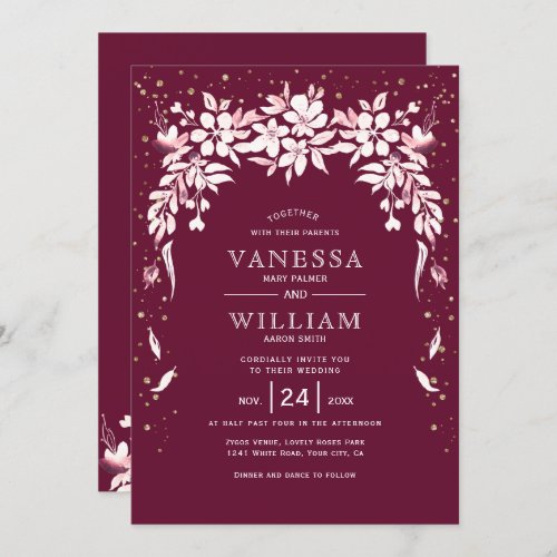 White floral cascading garland burgundy wedding invitation