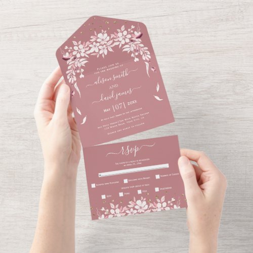 White floral cascading garland dusty rose wedding all in one invitation