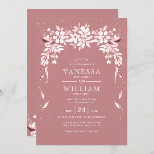 White floral cascading garland dusty rose wedding invitation
