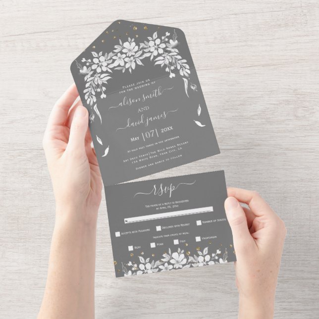 White floral cascading garland gray wedding all in one invitation (Tearaway)