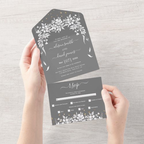 White floral cascading garland gray wedding all in one invitation