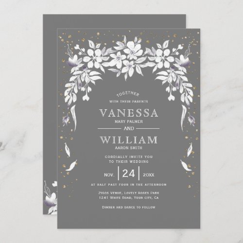 White floral cascading garland gray white wedding invitation