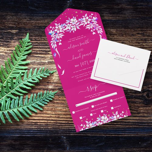 White floral cascading garland magenta wedding all in one invitation