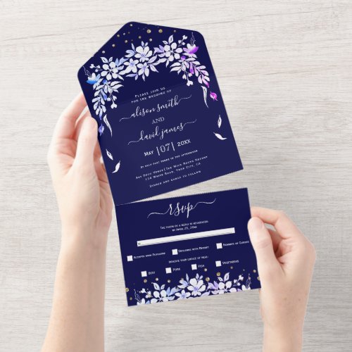 White floral cascading garland navy blue wedding  all in one invitation