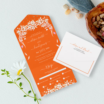 White Floral Cascading Garland Orange Wedding All In One Invitation by weddings_ at Zazzle