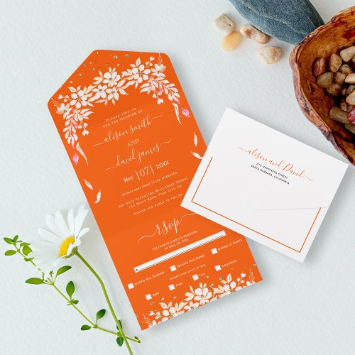 White floral cascading garland orange wedding all in one invitation