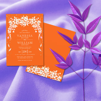 White floral cascading garland orange wedding invitation