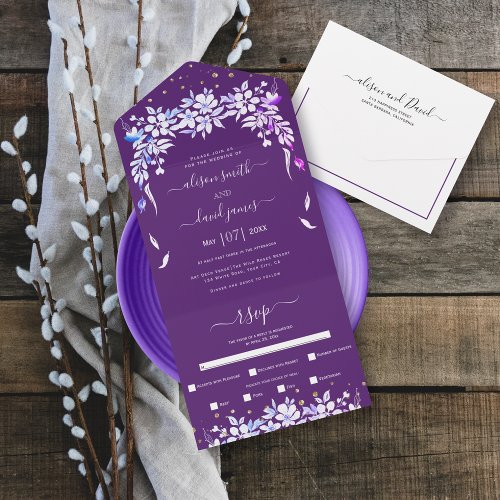 White floral cascading garland purple wedding  all in one invitation
