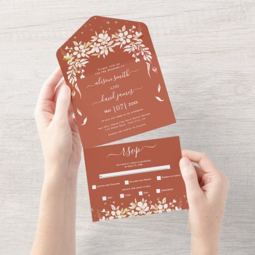 White floral cascading garland terracotta wedding all in one invitation