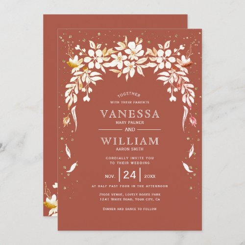 White floral cascading garland terracotta wedding invitation