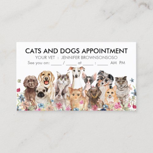 White Floral Cats and Dogs Illustrated Business Card
