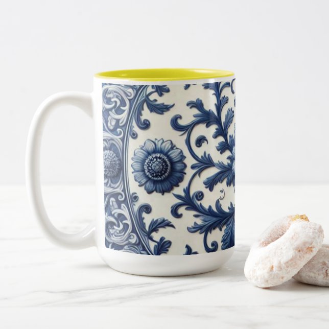 White Floral Ceramic Coffee Mug, 15oz Two-Tone Coffee Mug (With Donut)