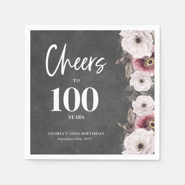 White Floral Chalkboard Cheers to 100th Birthday  Napkins (Front)