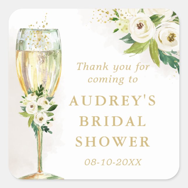 White Floral Champagne Glass Personalized Square Sticker (Front)