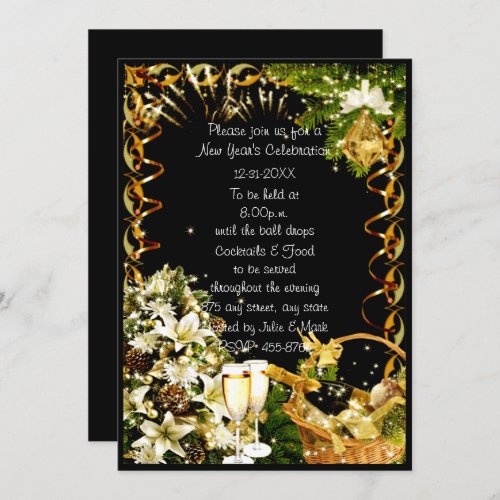 White Floral Champagne New Years Party Invitation