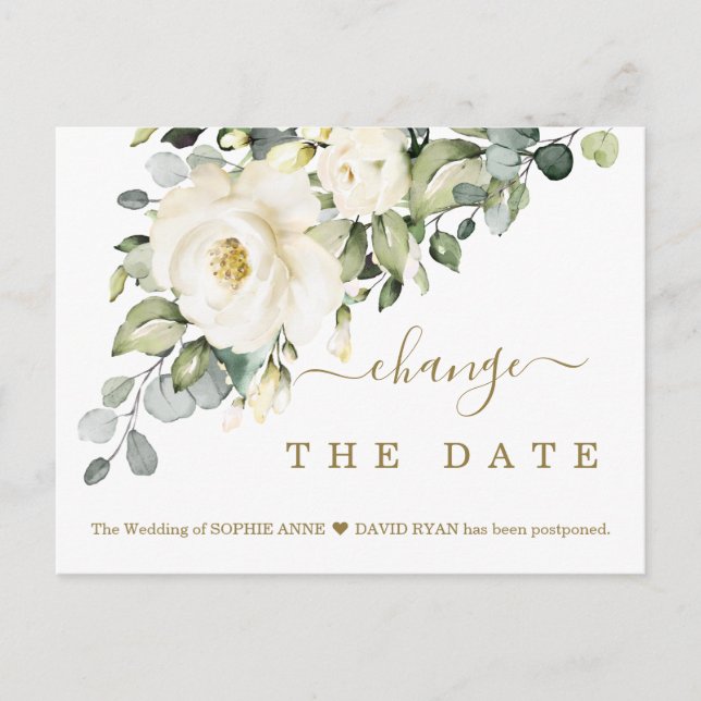 White Floral Change The Date Wedding Postponed Postcard (Front)
