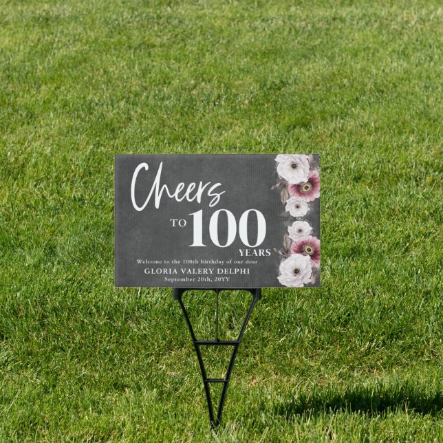 White Floral Cheers to 100th Birthday Welcome Yard Sign (Insitu)